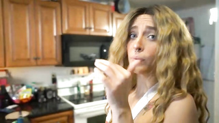 Sex-Positive light-haired doll with good-sized knockers is making pizza while dressed in nothing but the apron