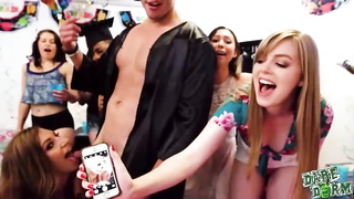 Moka Mora, Dolly Leigh and Melissa Moore are having gang fuck-fest with some college girls, in their dormitory