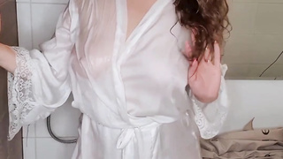 Sweetie in a Humid T-Shirt Climaxes from Getting Off in Bathroom