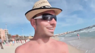 Petite tis ash-blonde loves frolicking in send with buxom lady with cable-on and their fresh beach buddy