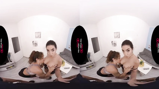 2 supreme-looking damsels are having joy in gym with their trainer, got plumbed after weightlifting