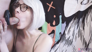 Thin ash-blonde teenie with glasses gives hard deep throat to a buddy, gets her hatch packed with spunk