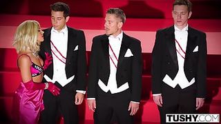 Adriana Chechik is getting gang-fucked on the stage, because it is part of the flash