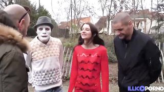 Bony teenage brown-haired, Pauline is about to gt down and sloppy with 2 men from the surroundings