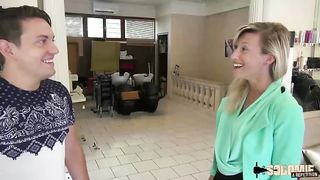 Lusty towheaded female, Christelle is about to have hook-up with a customer, in a rubdown guest room