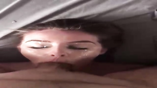 Ravishing dark-haired is deep throating a ample weenie and hoping to get a large facial cumshot money-shot