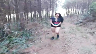 Sluty brown-haired is providing a sucky-sucky to a random stranger, while they are alone in the woods