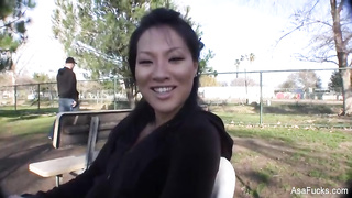 Japanese black-haired, Asa Akira is having a faux dialogue, but she seems to like it