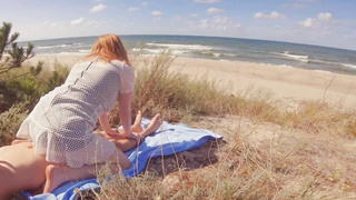 Ample caboose, crimson haired honey is screwing a random boy in the nature, during the day