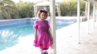 Tasty blond stunner with curly hair, Selena Luxx is throating and railing her neighbor's dinky