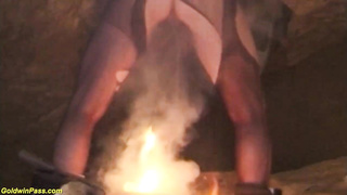 Smoking torrid gal in glamour, crimson pantyhose is dancing for various people and orgying for cash