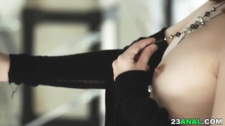 Diminutive breasted female in black stockings, Kelly Hole is bellowing while having casual buttfuck hookup