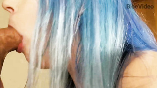 Whorey female with blue hair is juggling up and down while plowing her hubby's finest pal