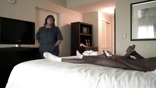 Plump maid is pleasuring a black dude in a motel guest room and listening to his bellows