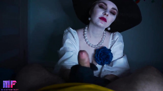 Woman Dimitrescu is inhaling her paramour's spear while getting on all fours on the floor the way he luvs