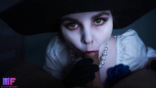 Woman Dimitrescu is inhaling her paramour's spear while getting on all fours on the floor the way he luvs