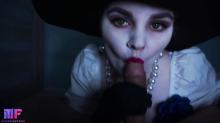 Woman Dimitrescu is inhaling her paramour's spear while getting on all fours on the floor the way he luvs