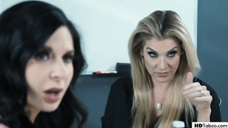 Aliya Brynn and Joanna Angel are having a ffm theesome at work with a fabulous, tatted counterpart