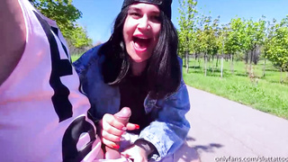 First-Timer black-haired is permanently providing oral jobs to random strangers in public places, during the day