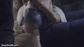 Jeny Smith bottomless in the pub. Painted cut-offs looks like real (covert webcam)