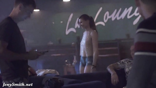 Jeny Smith bottomless in the pub. Painted cut-offs looks like real (covert webcam)
