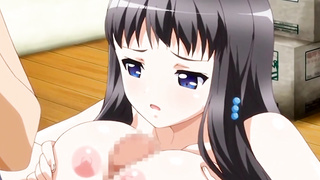 Huge-Chested, animation brown-haired is gobbling her paramour's dick and petting it with her milk breasts