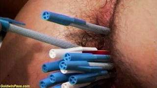 Super-Naughty girl got her gash and bum jammed with pens, before getting romped highly stiff