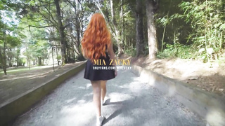 Ginger female is gargling a random fellow's man meat in a local park, before getting screwed from behind