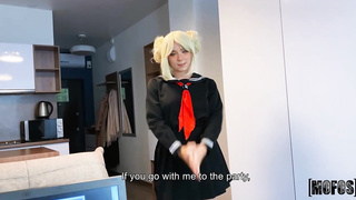 Ponytailed blond stunner in college uniform is deepthroating beef whistle and getting banged, in a POINT OF VIEW fashion