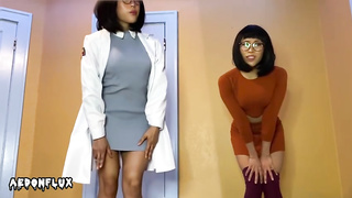 Nerdy Japanese women, Velma and Dr. Fujita are posing and taunting in front of the camera