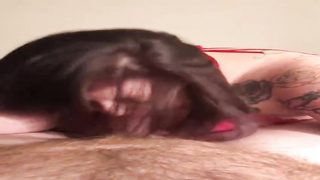 Curvy dark haired in glamour, crimson underwear is anxiously gargling her paramour's rock rock hard meat stick