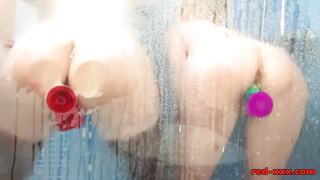 Sex-Positive matures with monstrous mounds are frolicking with each other and some hookup playthings in the bathroom