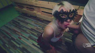 Hooded blond in a mini mini-skirt, Adella Jay is deep-throating a rock firm dinky and getting pulverized
