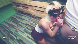 Hooded blond in a mini mini-skirt, Adella Jay is deep-throating a rock firm dinky and getting pulverized