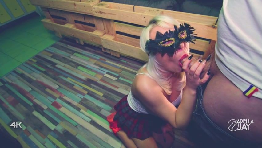 Hooded blond in a mini mini-skirt, Adella Jay is deep-throating a rock firm dinky and getting pulverized