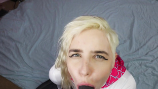 Uber-Cute ash-blonde honey got down on her knees to blow man rod and slurp some new jizz