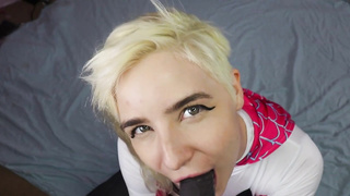 Uber-Cute ash-blonde honey got down on her knees to blow man rod and slurp some new jizz