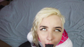 Uber-Cute ash-blonde honey got down on her knees to blow man rod and slurp some new jizz