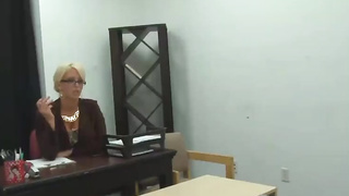 Ash-Blonde cougar with enormous boobies is groping her paramour's stiff jizz-shotgun to make him jism