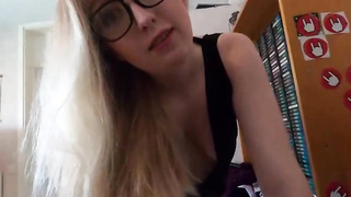 Nerdy blond honey with black glasses gave a bj to her step- stepbro before ravaging him