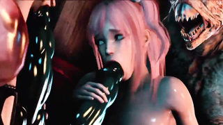 Stunner with meaty, rock hard funbags is yelling while getting ravaged by a monster, in the basement