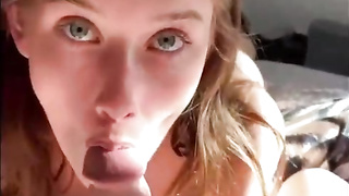 Italian honey with blue eyes is fellating her paramour's rock rigid stiffy like a real professional