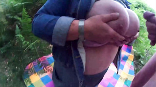 Buxom dark-haired is frolicking with her milk baps and getting nailed firm, in the nature