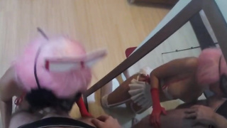 Rosy haired, Japanese honey is fellating a rock rigid man meat as deep as she can