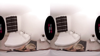 Ravishing towheaded is getting on all fours on the floor and deep-throating her neighbor's stiff wood, like a professional