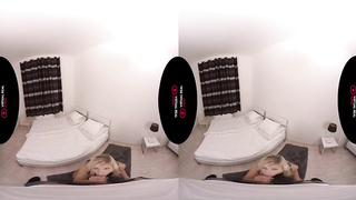 Ravishing towheaded is getting on all fours on the floor and deep-throating her neighbor's stiff wood, like a professional