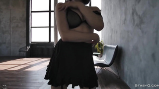 Wonderful black-haired took off her black sundress and underwear and left only boots with high high-heeled shoes