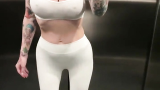 clean-shaven fuckslut splattering climax in public elevator