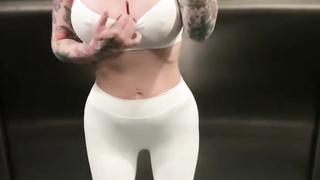 clean-shaven fuckslut splattering climax in public elevator