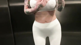 clean-shaven fuckslut splattering climax in public elevator